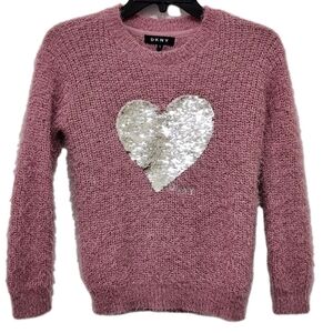 DKNY Girls 7 Pink Fuzzy Soft Sweater Flip Sequin Heart Long Sleeve Pullover